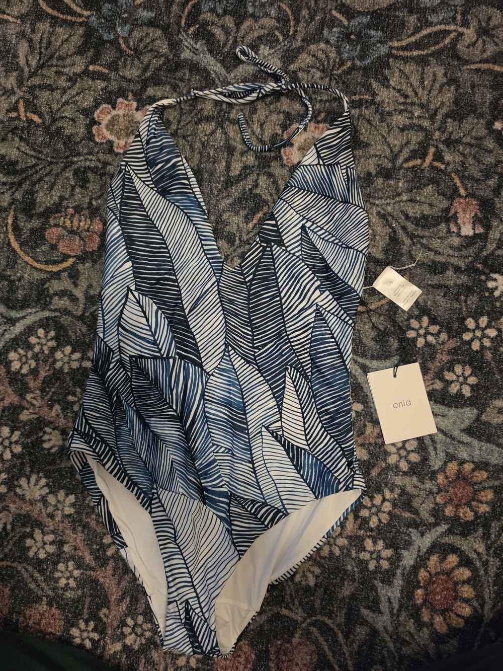 Onia Blue and White Geometric Halter One-Piece Swimsuit